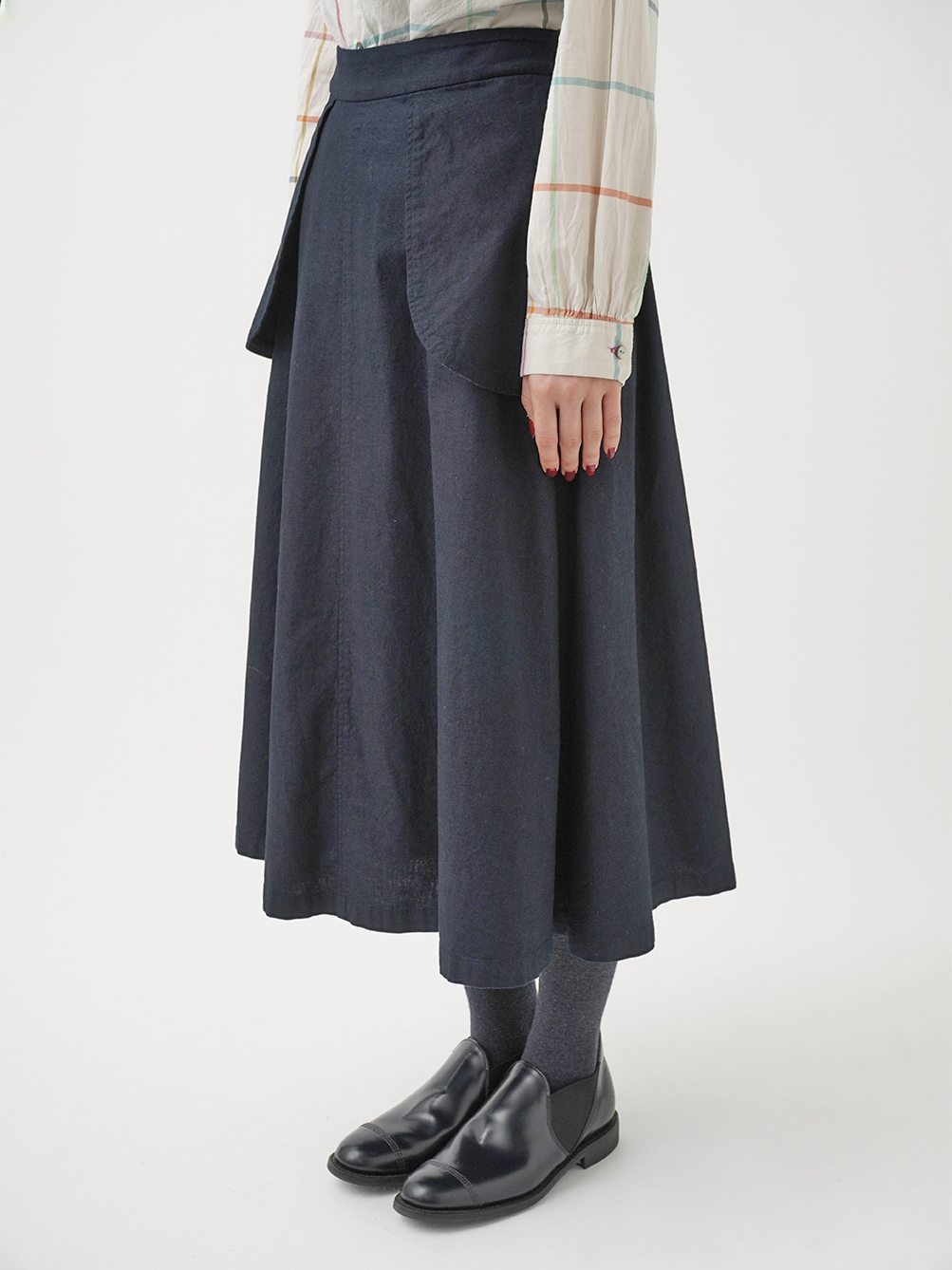 16／－インディゴ平織 ふらしポケットフレアスカート