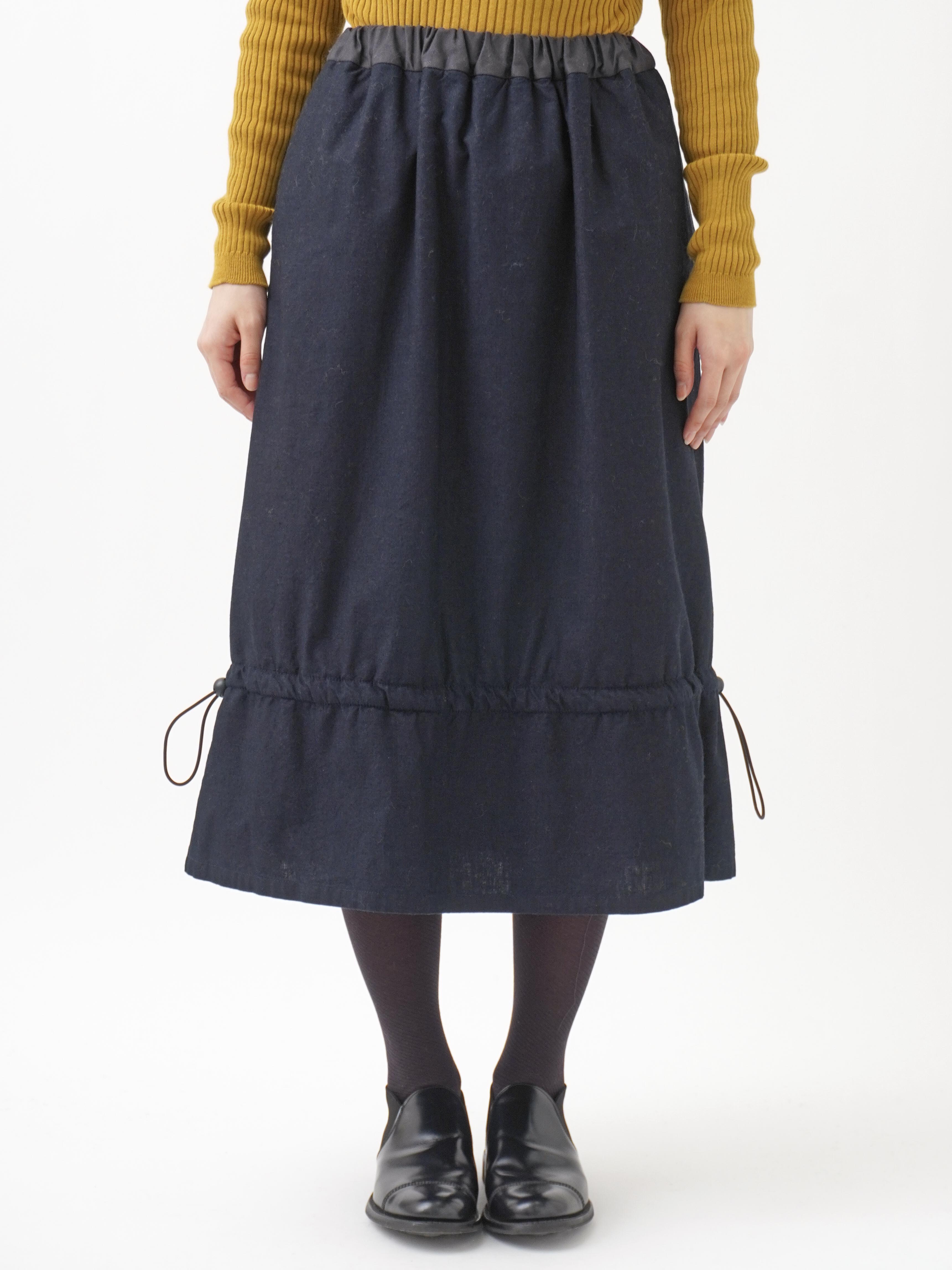 16／－インディゴ平織×フリース ドローコード付スカート