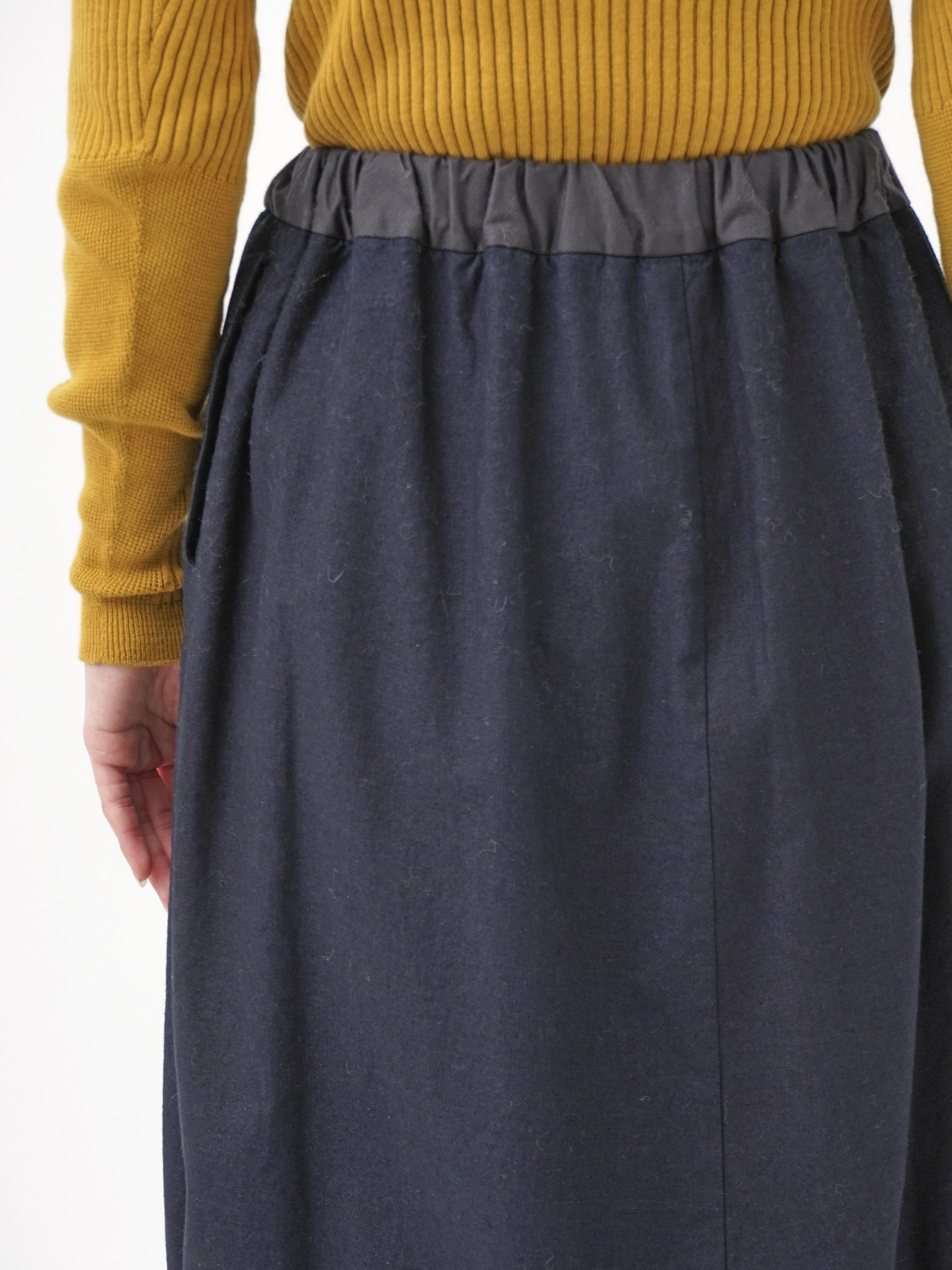 16／－インディゴ平織×フリース ドローコード付スカート