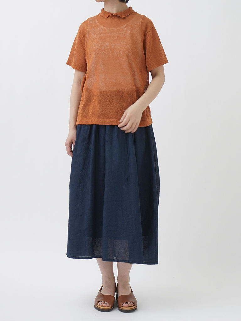 3345 45R ロングスカート ドッド柄 インディゴ超ガーゼプリントSKIRT 38．5／－インディゴガーゼ コクーンギャザースカート