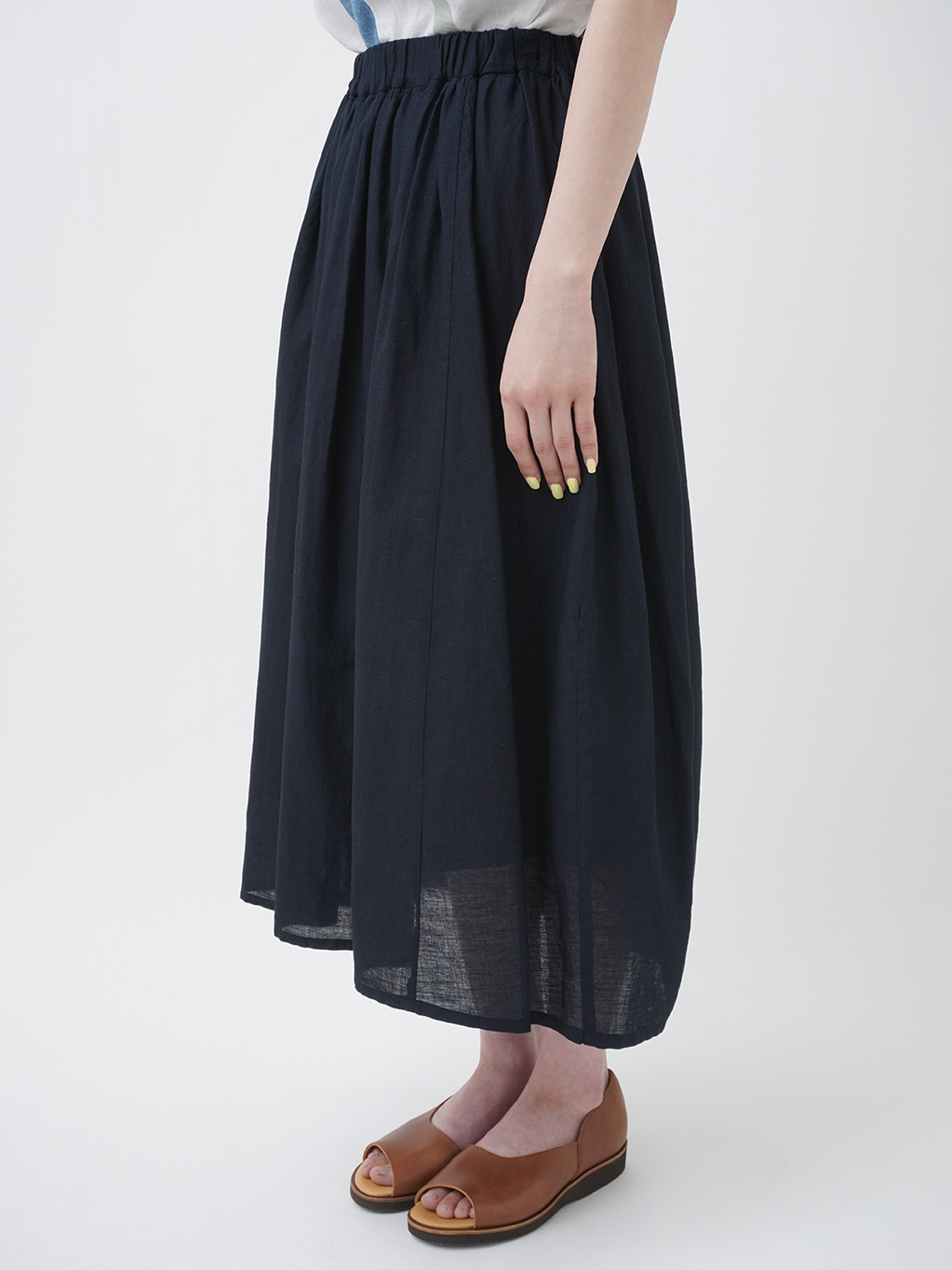 3345 45R ロングスカート ドッド柄 インディゴ超ガーゼプリントSKIRT 38．5／－インディゴガーゼ コクーンギャザースカート