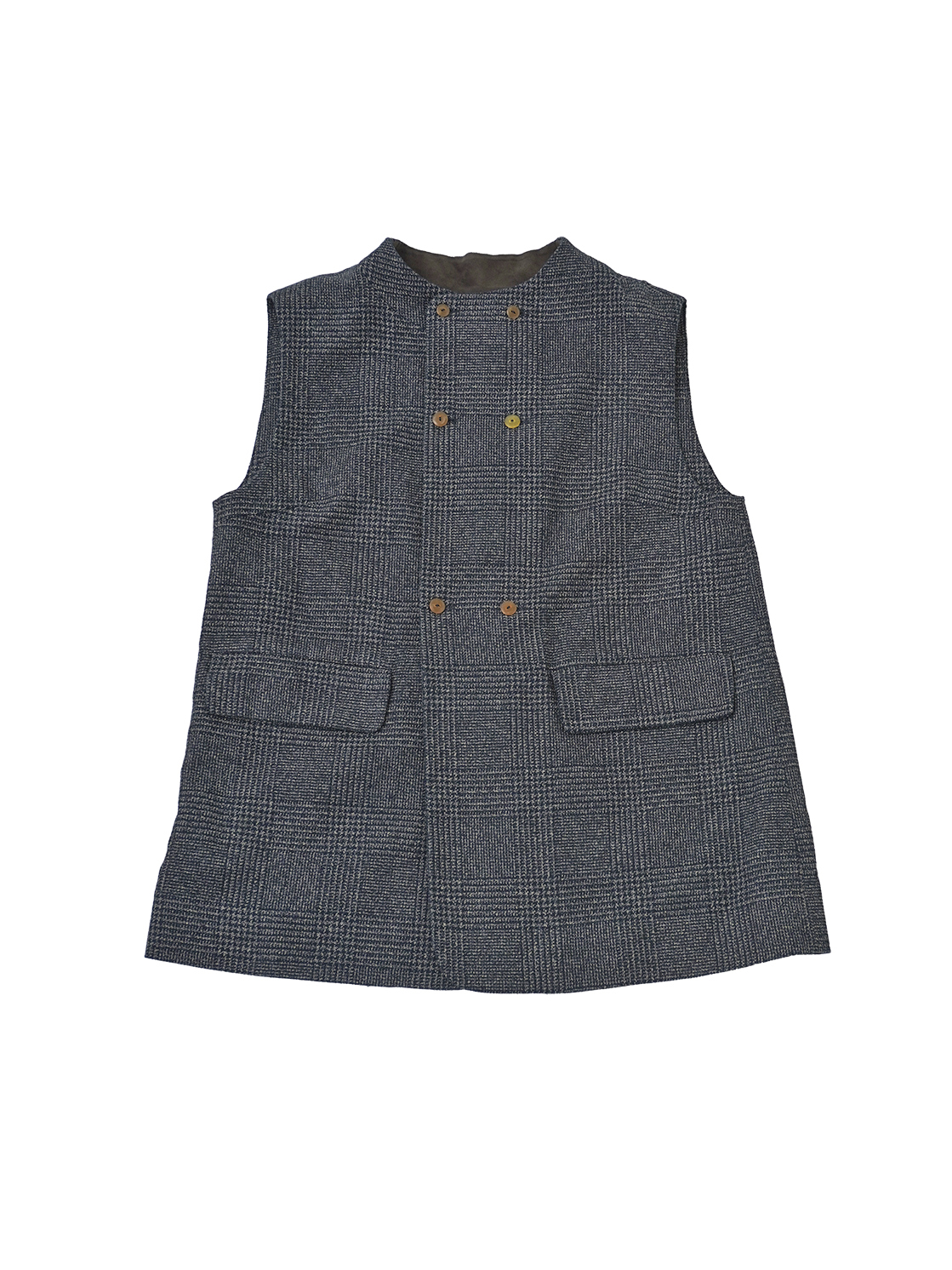 撚り杢インディゴコットンツィード オフスタンド襟ベスト
