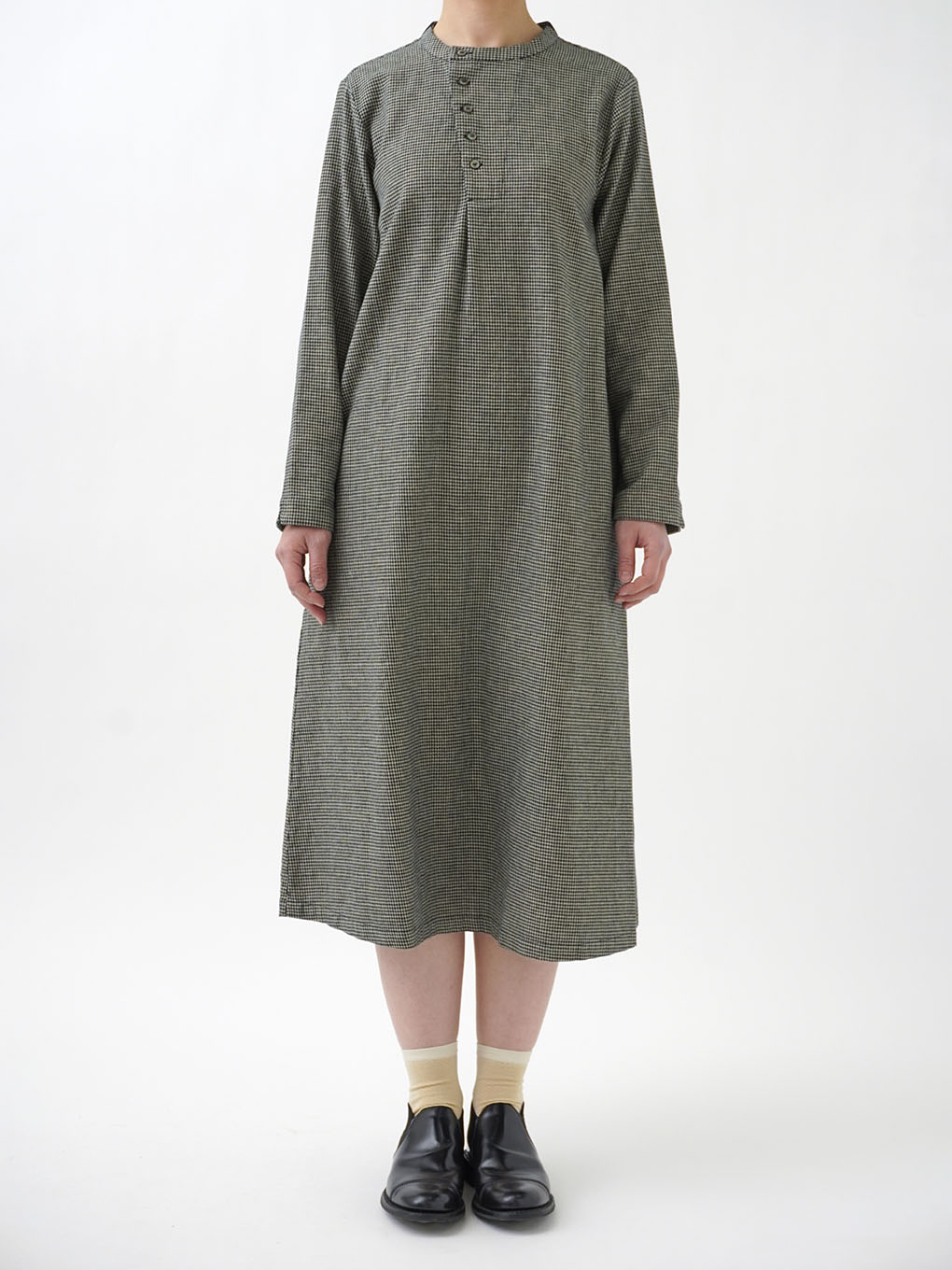 インディゴ千鳥スタンド襟ワンピース 