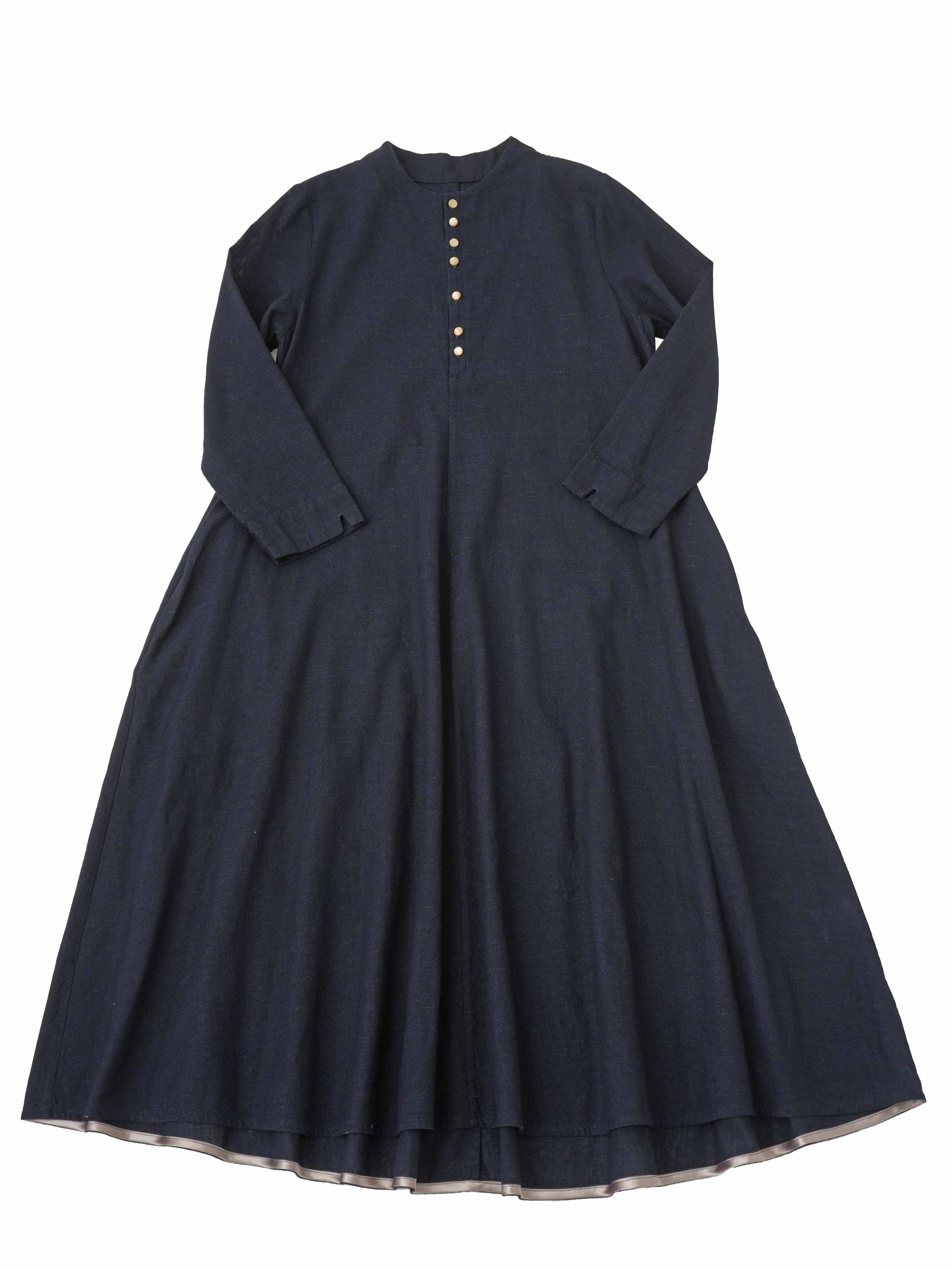 未使用 パラスパレス インディゴ ガーゼ フレア ワンピース 日本製 Lサイズ 16／-インディゴガーゼボトル襟フレアーワンピース