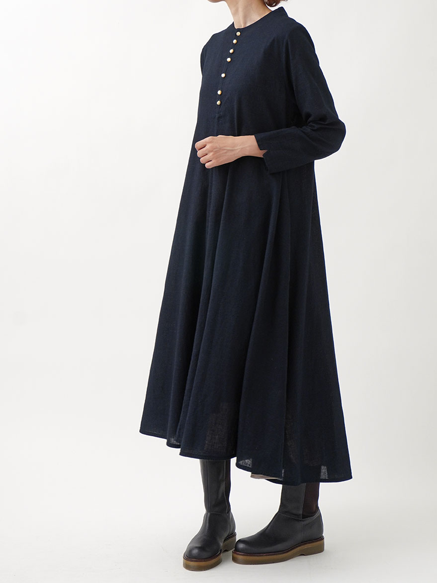 16／-インディゴガーゼボトル襟フレアーワンピース 