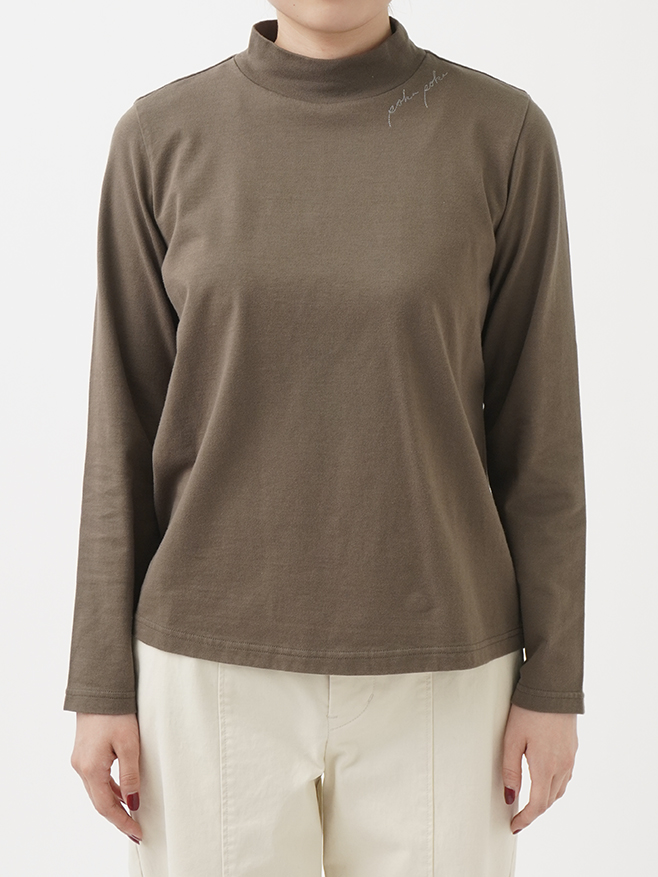 コットン天竺 ハイネック刺繍長袖Tシャツ