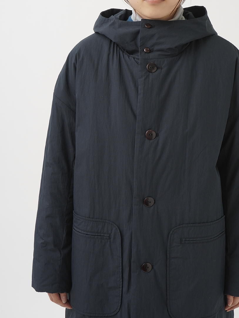 綿 ナイロン ダンプ　フード付 裏 キルト コート ネイビー 綿ナイロンダンプ フード付裏キルトコート