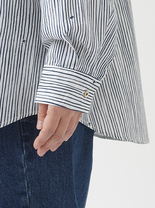 60／－ローン金木犀よろけ縞 ゆったりレギュラーシャツ