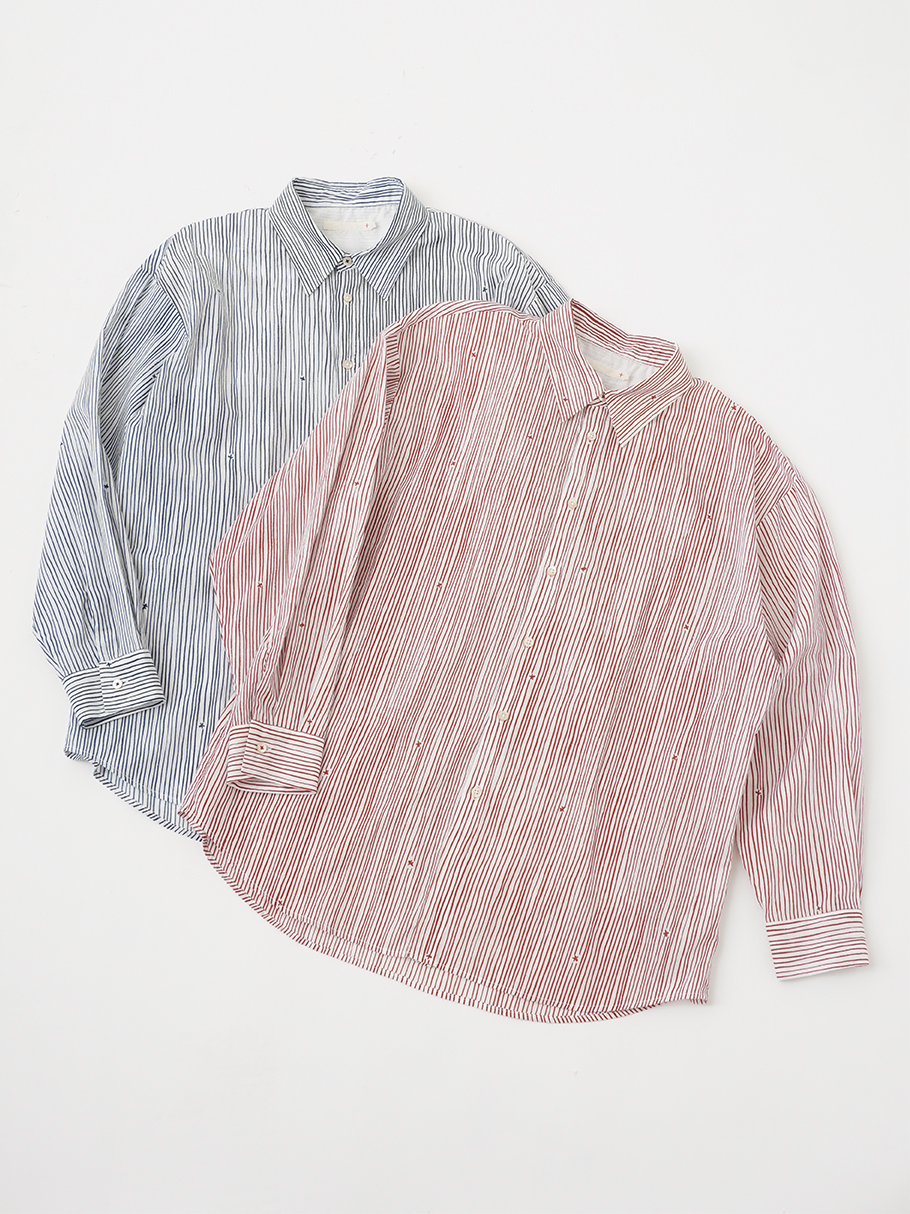 T057 ちゃむ 60／－ローン金木犀よろけ縞 ゆったりレギュラーシャツ