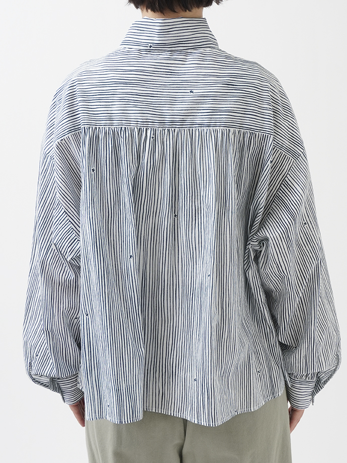 60／－ローン金木犀よろけ縞 リボン襟シャツ