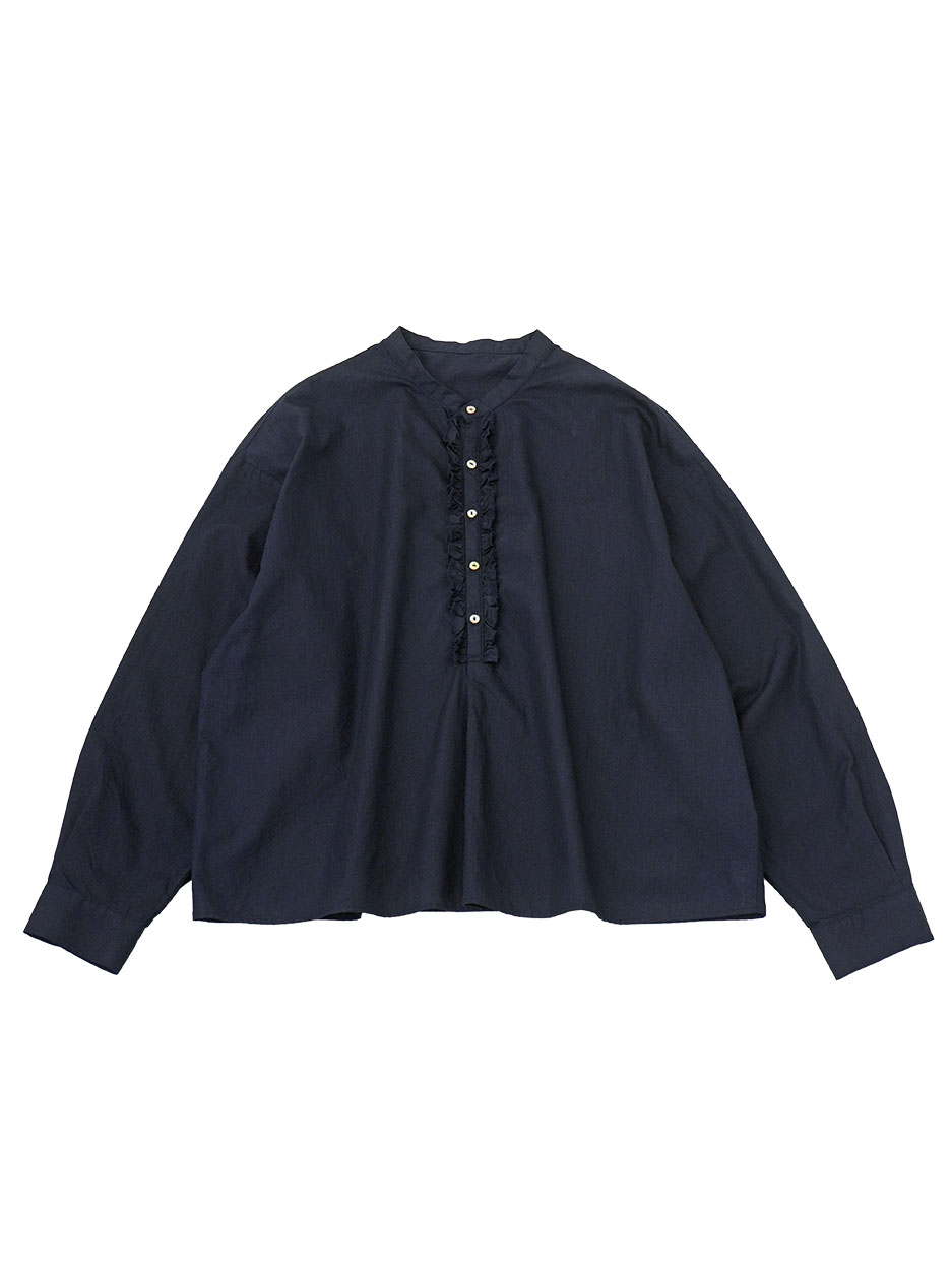 ６０／－インディゴハイカウント　フリルブラウス