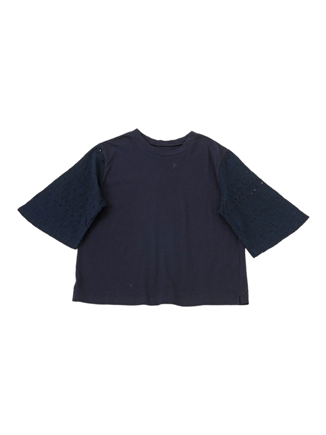 ３８．５／－インディゴガーゼ月宵柄×３０／－天竺　フレアー袖Ｔシャツ