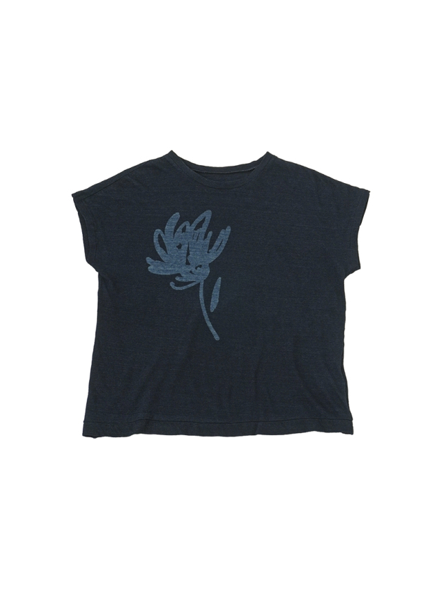 ４０／－インディゴガーゼ天竺　群菊柄抜染Ｔシャツ