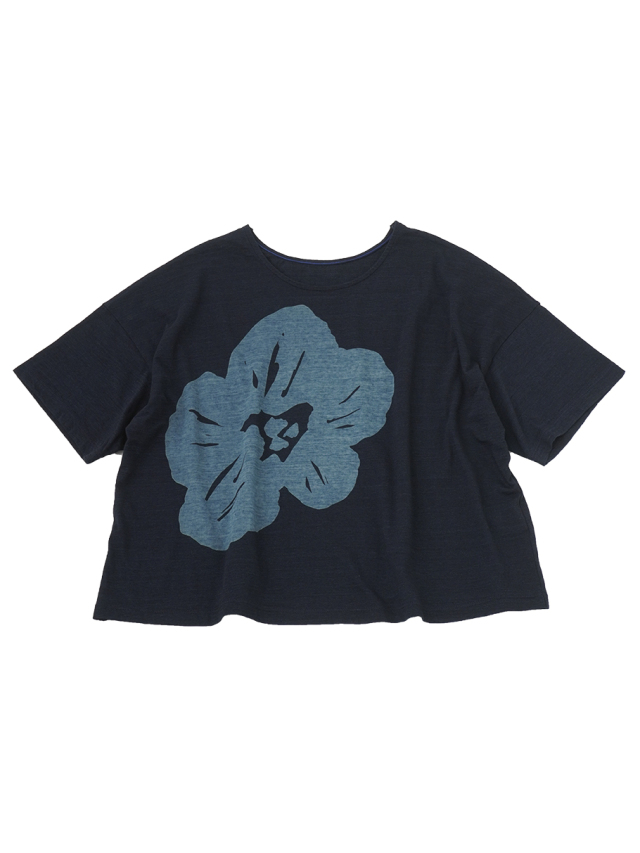 ４０／－インディゴ天竺　芙蓉柄抜染Ｔシャツ