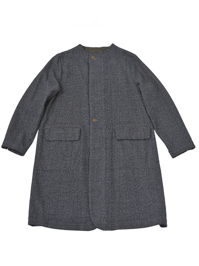 撚り杢インディゴコットンツィード　ボトル襟コート