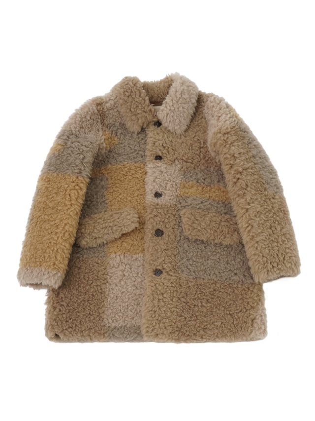 ウールボア　ブロック柄　ワイド襟コート