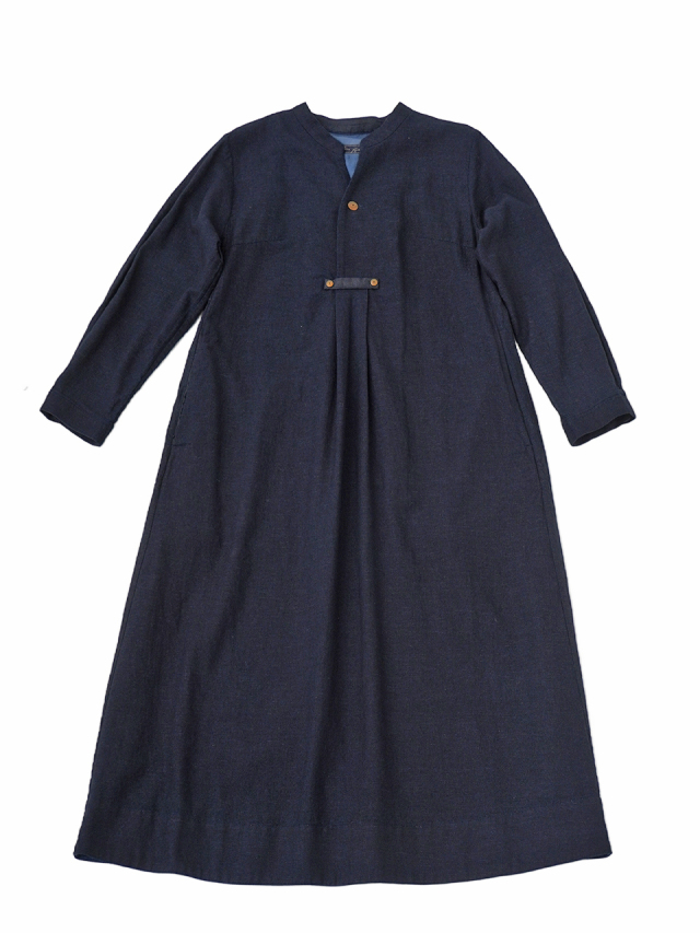 １６／－インディゴガーゼ　スタンド襟ワンピース