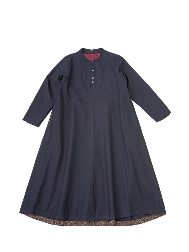 16/-インディゴ平織 ボトル襟フレアワンピース
