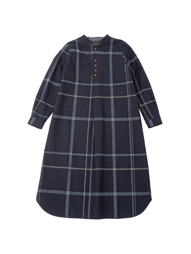 16/-インディゴ×19/-ラフィウールペンチェック ワンピース
