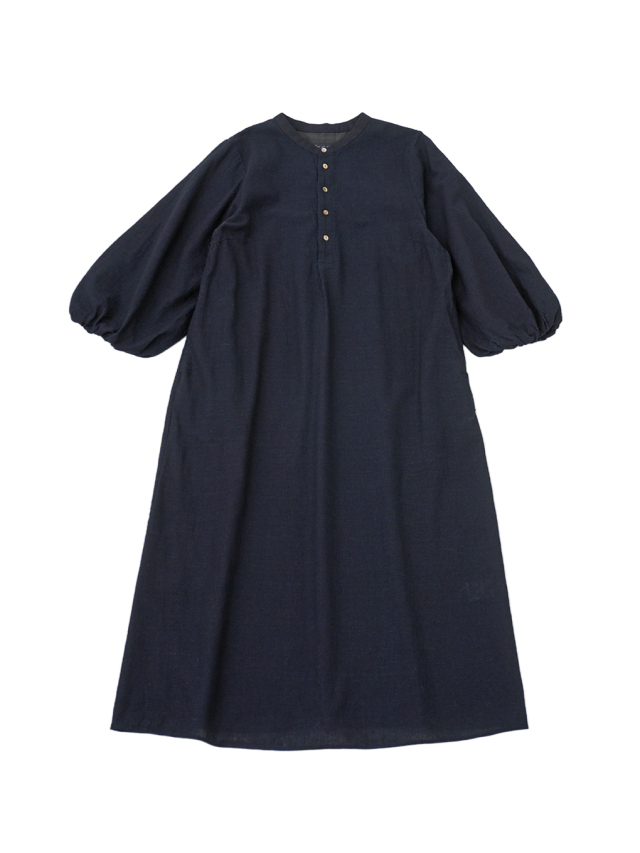 １６／－インディゴガーゼ　バルーン袖ワンピース