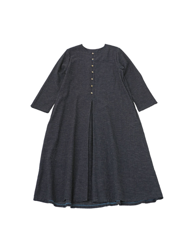 １６／－インディゴガーゼ点猫ドット　フレアワンピース