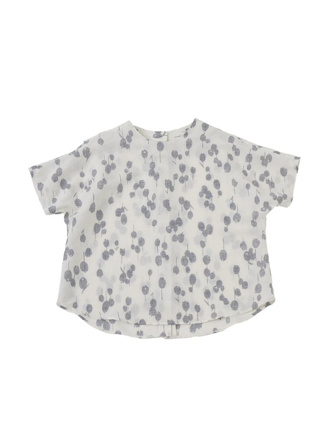 コットンリネンマンガン絣ミズオオバコ柄　ボトル襟・後開き半袖シャツ