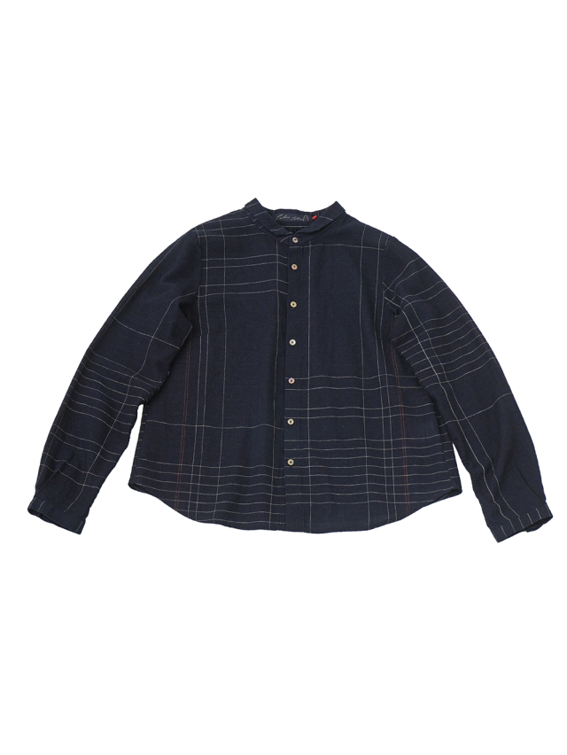 １６／－インディゴガーゼペンチェック　ちびウィング襟長袖シャツ