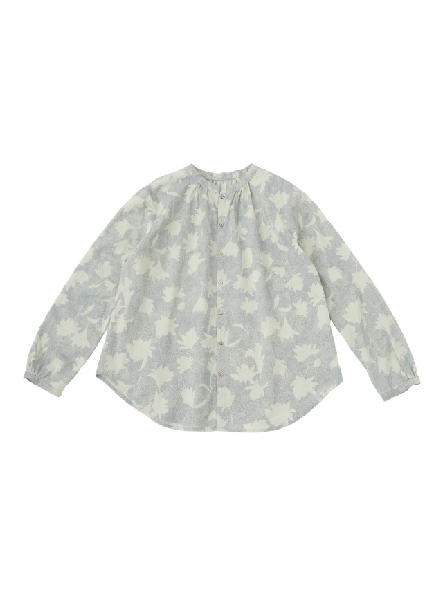 ６０／－ローン石蕗柄　クルー襟ギャザーシャツ