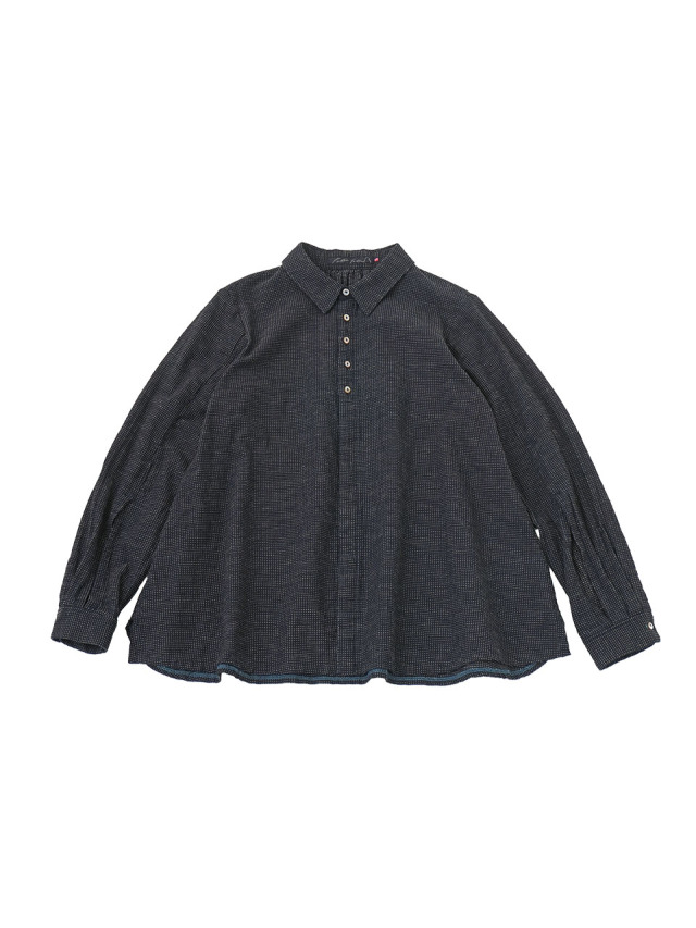 １６／－インディゴガーゼ点猫ドット　袖スリットフレアシャツ