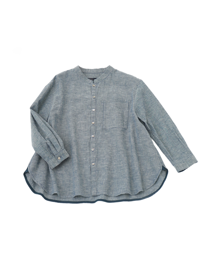 １６／－ラフィガーゼシャンブレー　スタンド襟フレアシャツ