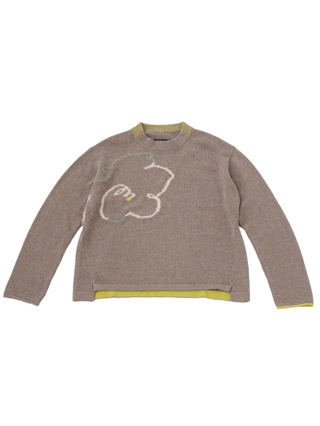 ７Ｇ山茶花柄ニット　クルー襟プルオーバー