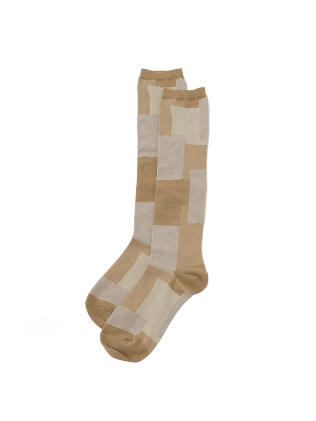 ３０／－綿　ブロック柄ハイソックス