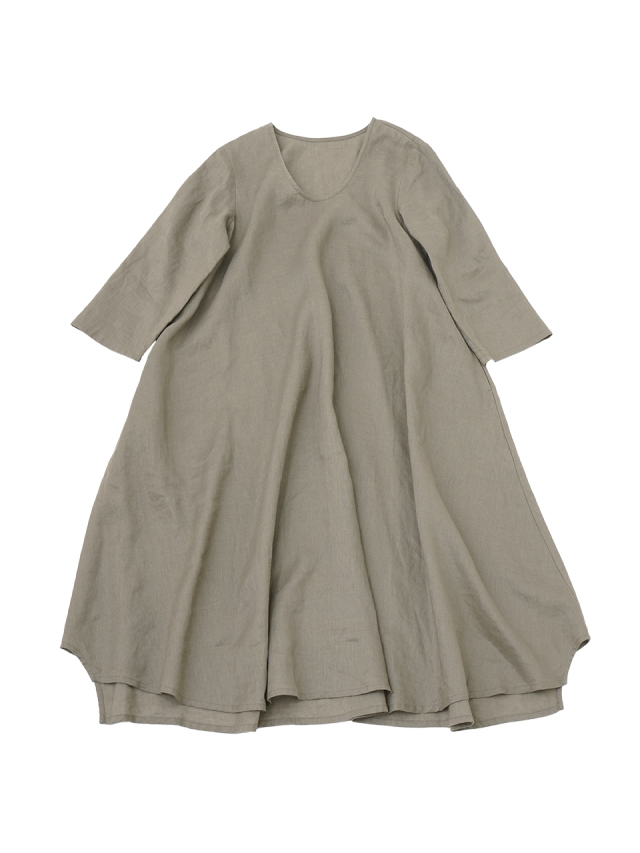 ６０／１ウォッシュリネン　７分袖フレアワンピース