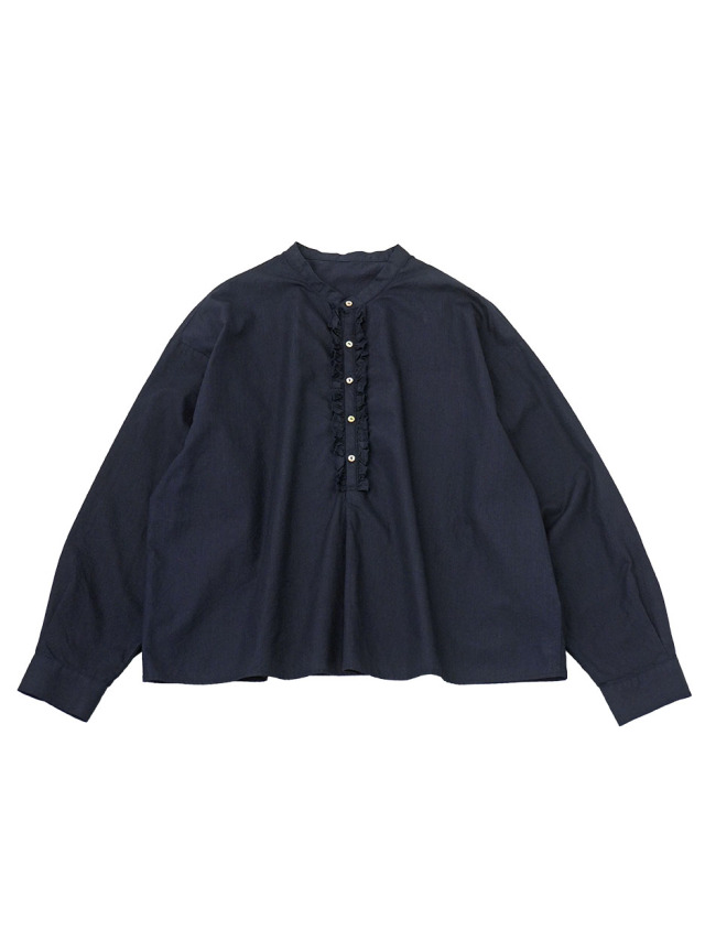 ６０／－インディゴハイカウント　フリルブラウス
