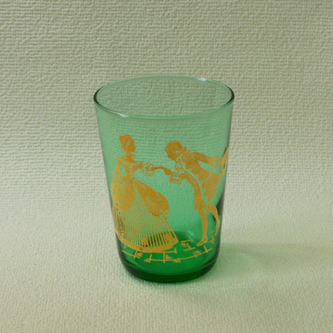 フランス　ブロカント　グリーン　グラス（ゴールド柄）