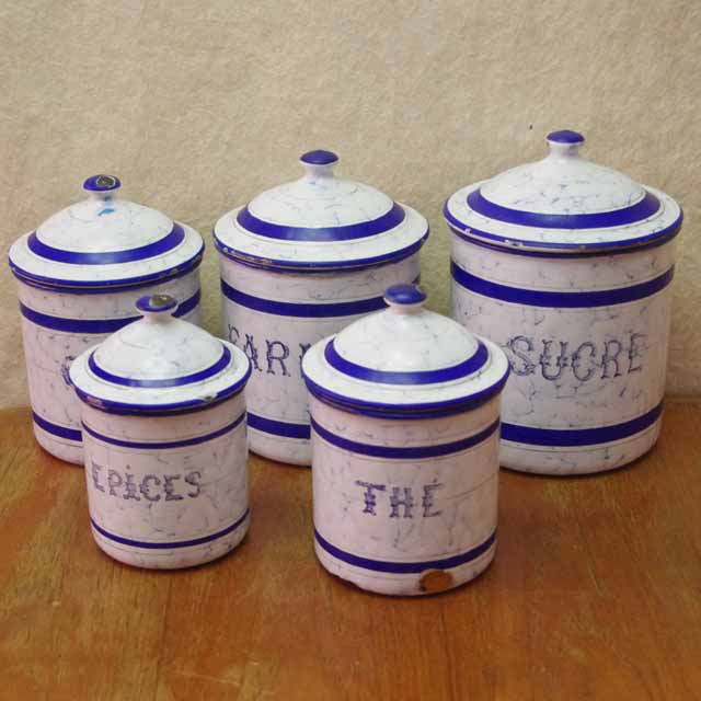 フランス　ブロカント　ブルーライン　ホウロウ　キャニスター　（5個セット)