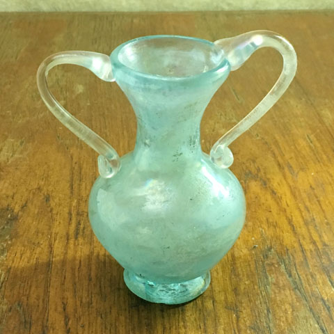 フランス　ブロカント　水色ガラス　壺