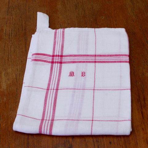 フランスブロカント モノグラム入り リネン クロス（チェック柄）