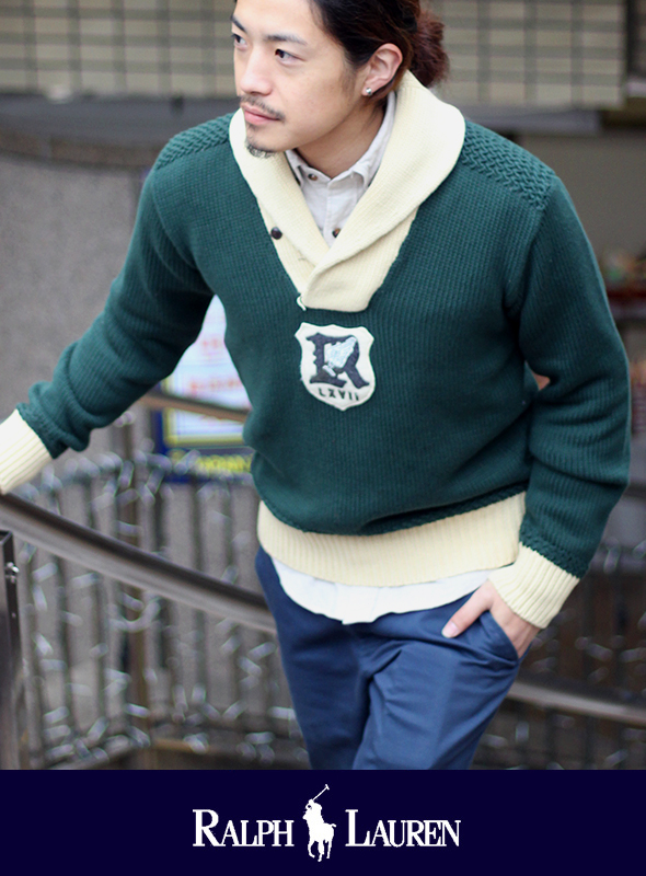 POLO RALPH LAUREN ポロ ラルフローレン SHAWL COLLAR  EMBLEM KNIT グリーン