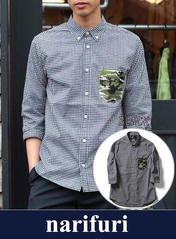 narifuri ナリフリ Seersucker gingham 3/4 sleeve shirt （NF929）