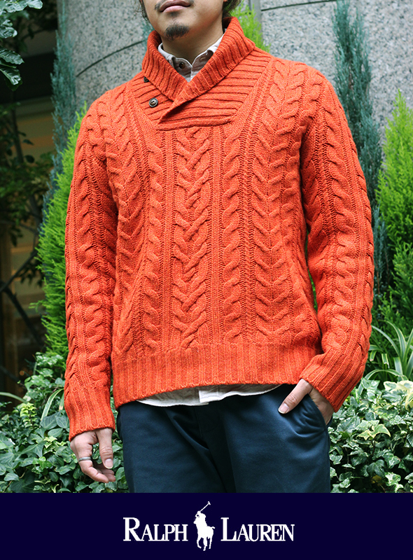 POLO RALPH LAUREN ポロ ラルフローレン SHAWL COLLAR CABLE KNIT オレンジ
