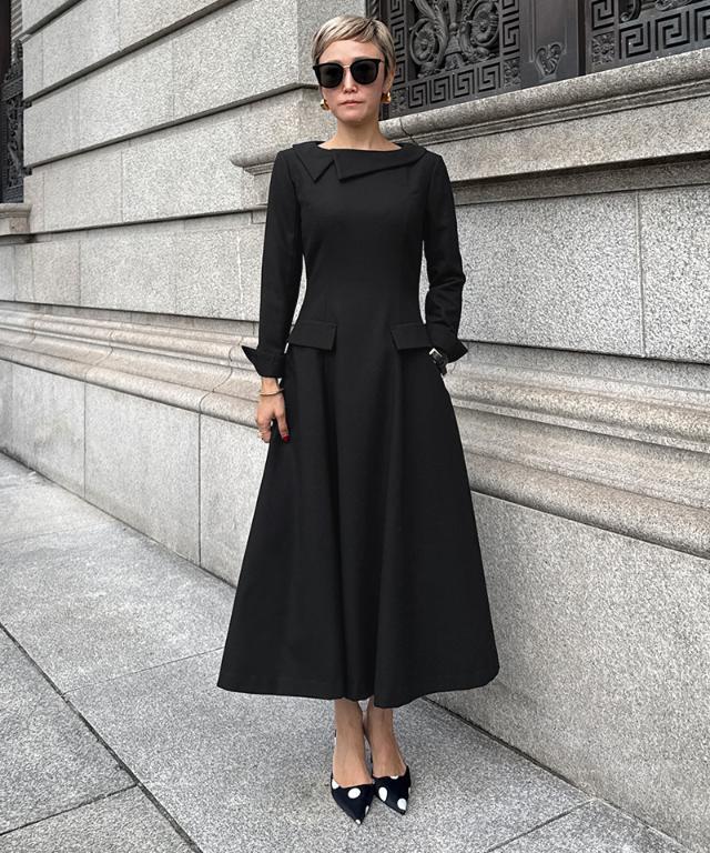 美品 LIMI feu 異素材ミックス アシンメトリー ロングワンピース 黒 M EATME アシメトリーマキシワンピース（ブラック） -ファッション通販