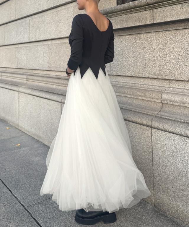 Rene ルネ パールボタン×チュール切替 ロングコートワンピース 38 美品 チュール切り替えドレスワンピース