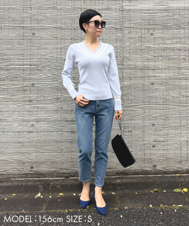「JENNE」 Vネックニット MEDIUM ネイビー レディース Vネック ラインニット（ニット/セーター）｜JENNE（ジェンヌ）の