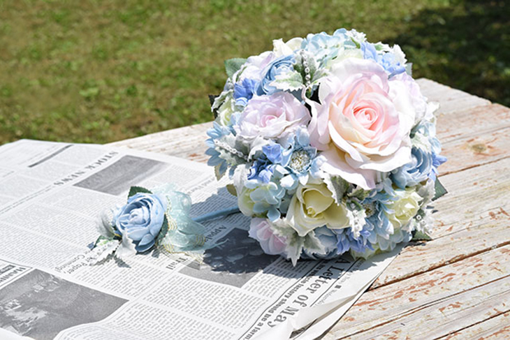 MB007R　マカロン ラウンドブーケ　ブルー　ブートニア付き 受注生産品