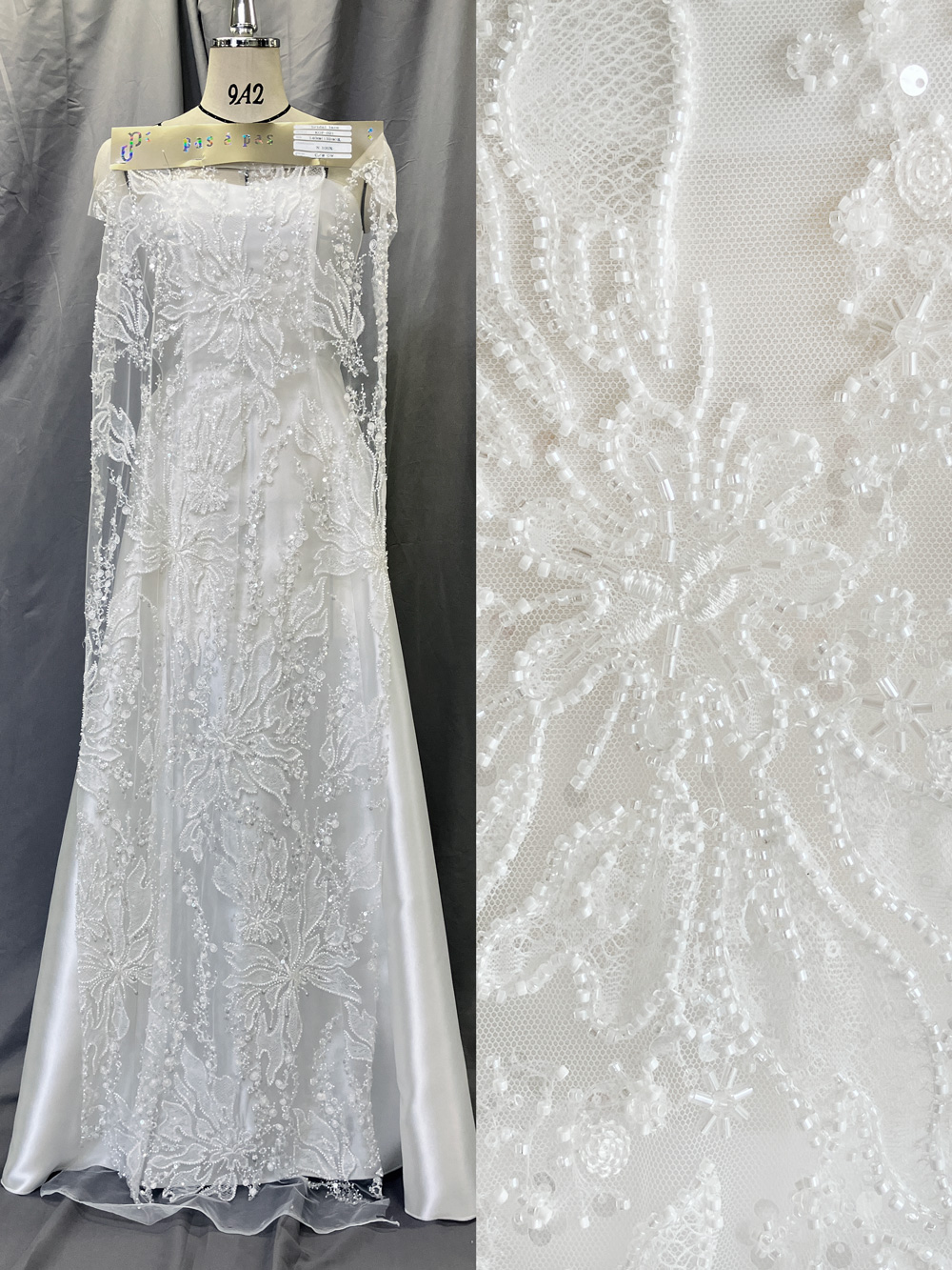 KOP021【ブライダル レース】 花柄  刺繍 ビーズ ウェディング ドレス  ベール  ナイロン100%  約140cm(レース加工部分132cm)×15yd乱