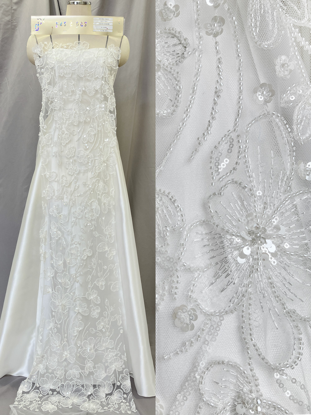 KOP024【ブライダル レース】 花柄 刺繍 スパンコール かわいい ウェディング ドレス  ベール ナイロン100%  約160cm(レース加工部分140cm)×15yd乱