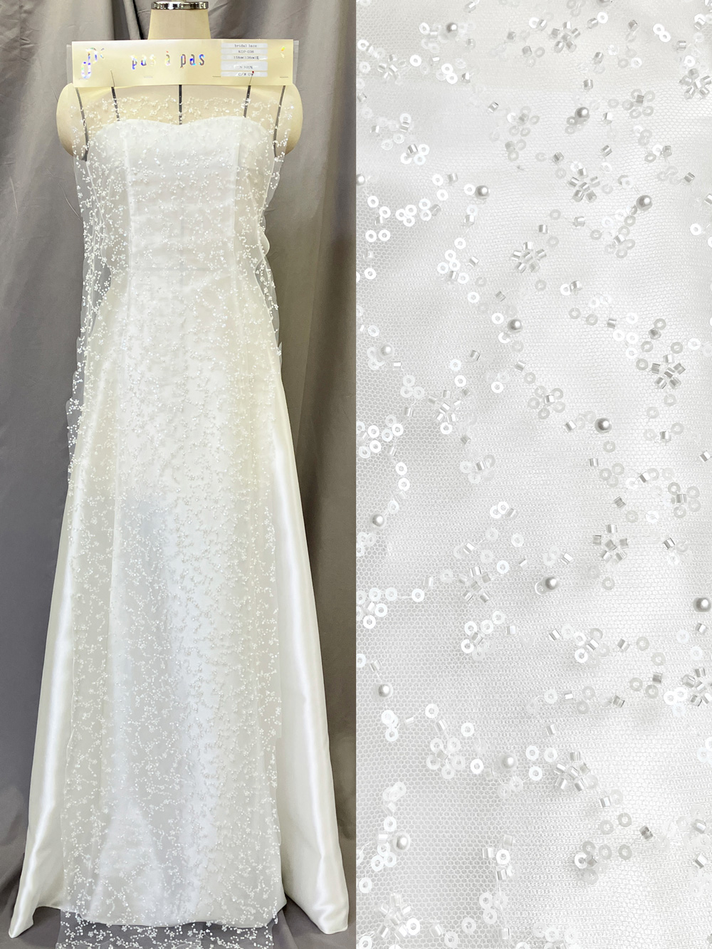 KOP038【ブライダル レース】ドット柄  水玉 ビーズ  ウエディング ドレス  ベール ナイロン100%  約158cm(レース加工部分136cm)×15yd乱