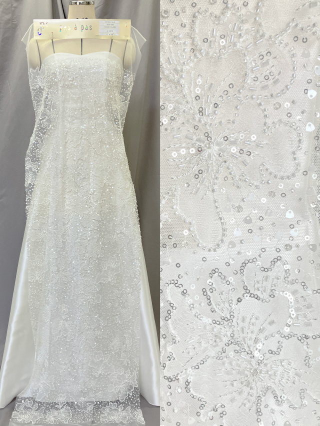 KOP029【ブライダル レース】 花柄  刺繍 ビーズ エレガント ウエディング ドレス  ベール ナイロン100%  約152cm(レース加工部分131cm)×15yd乱