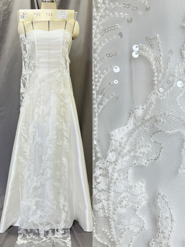 KOP030【ブライダル レース】 ボタニカル柄 刺繍 ビーズ ウエディング ドレス ベール ナイロン100% 約155cm(レース加工部分134cm)×15yd乱